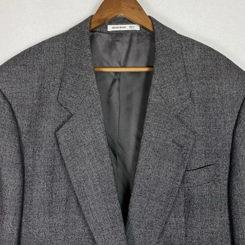 Hugo Boss 44L Long Blazer Gray Check Sport Coat Designer 100% Wool Suit Jacket